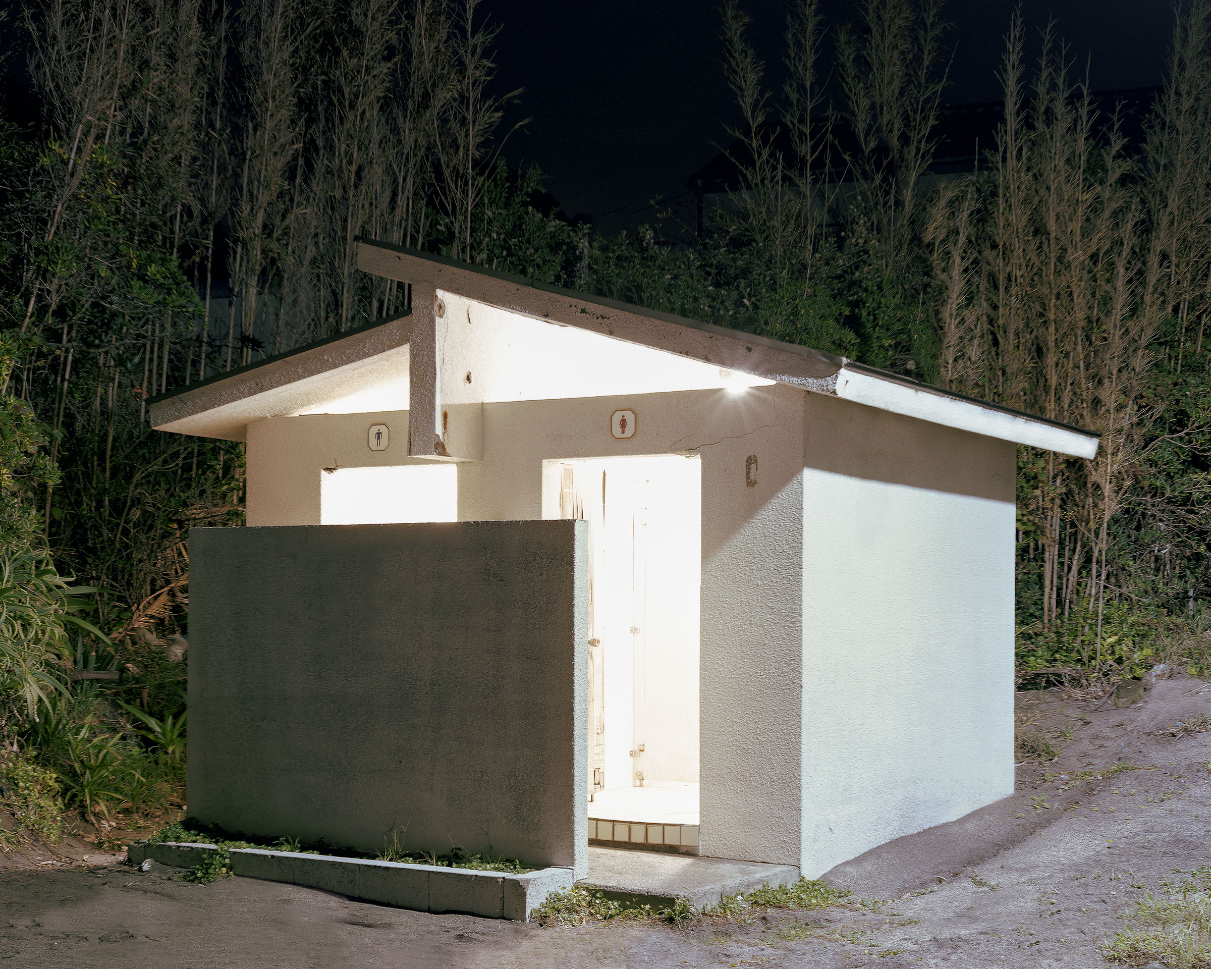 Small angular white public toilet surrounded by tall vegetation