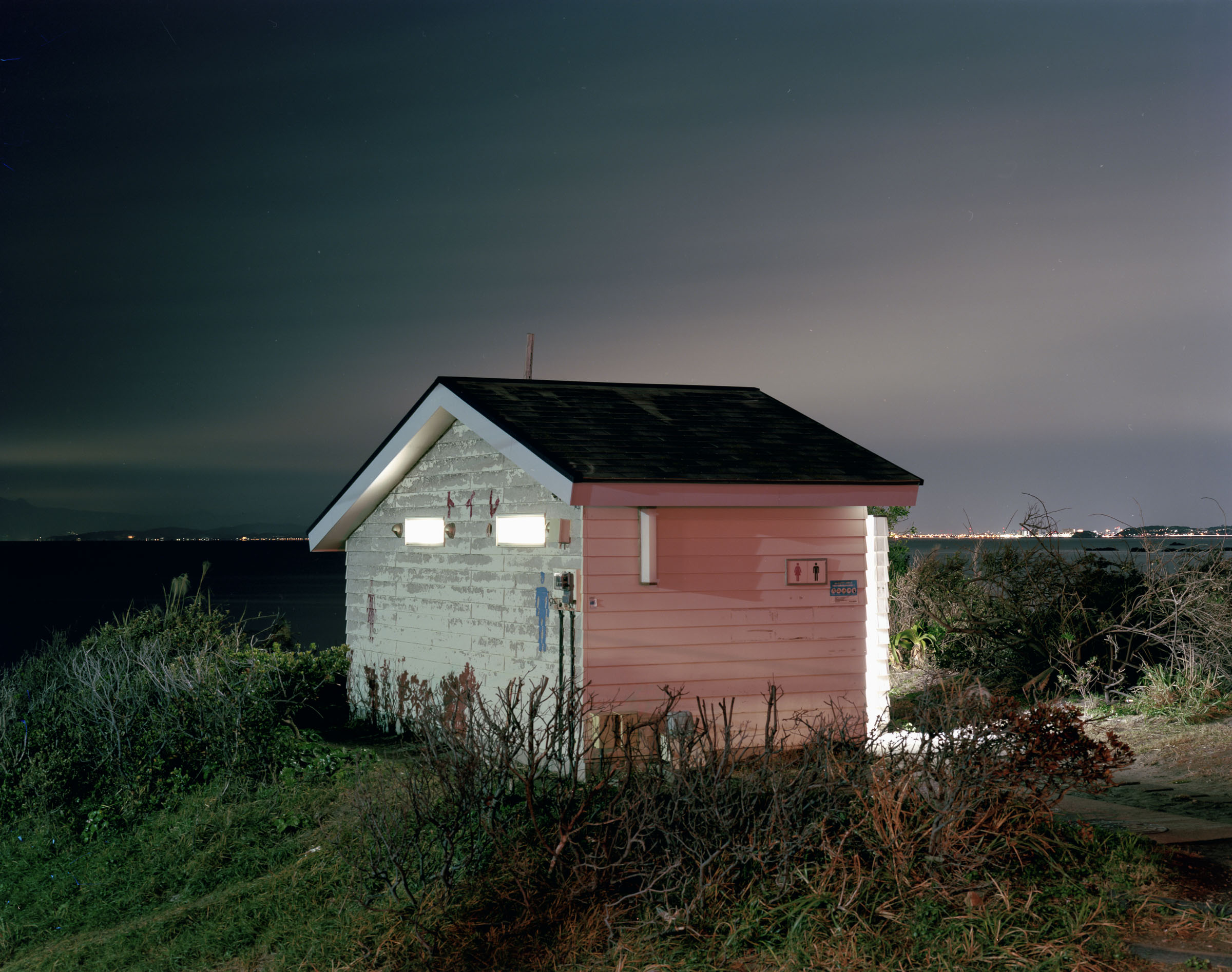 Small pink-and-white public toilet among coastal shrubs at night