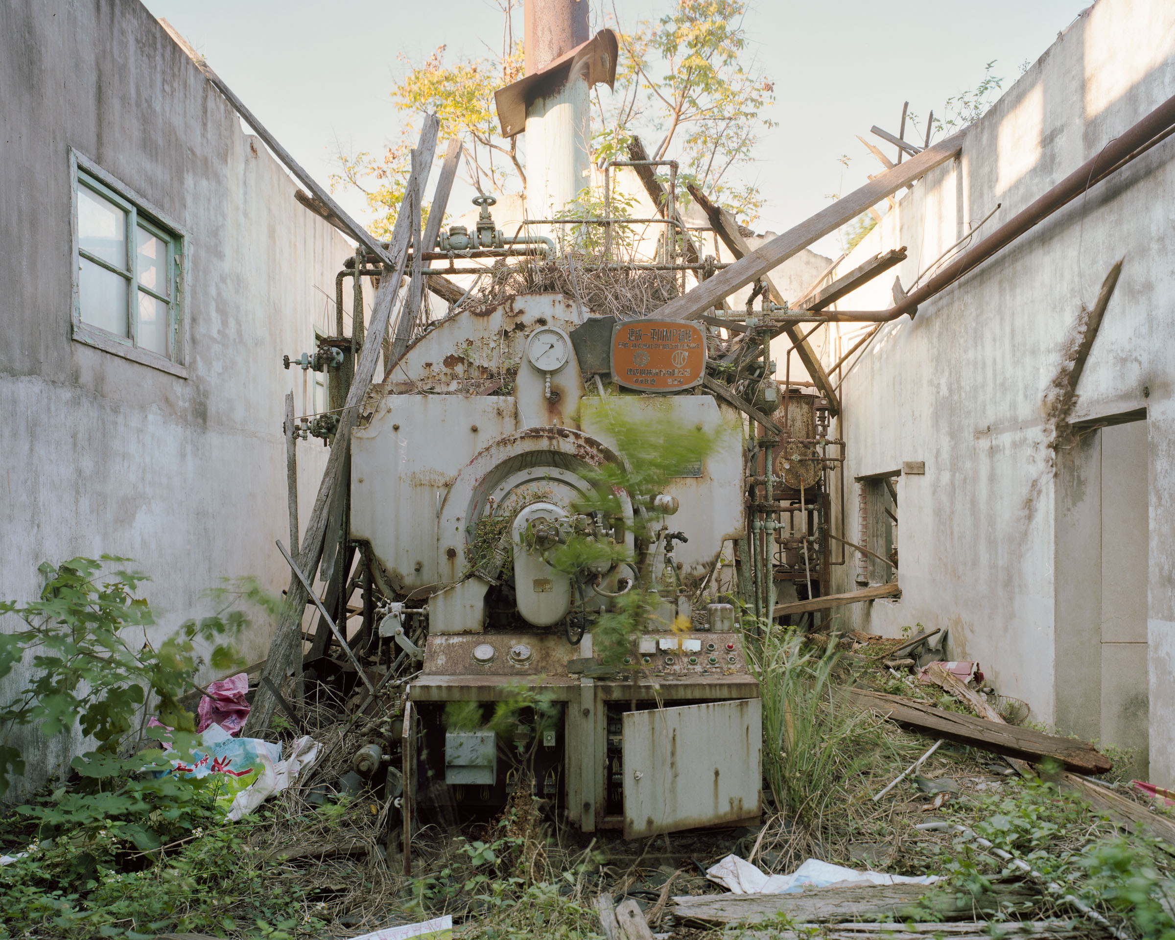 Rusted industrial machine overgrown with plants between ruined walls